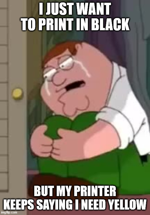 Peter Griffin Upset | I JUST WANT TO PRINT IN BLACK; BUT MY PRINTER KEEPS SAYING I NEED YELLOW | image tagged in peter griffin,printer ink | made w/ Imgflip meme maker