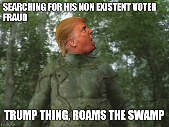 Swamp thing  | SEARCHING FOR HIS NON EXISTENT VOTER 

FRAUD TRUMP THING, ROAMS THE SWAMP | image tagged in swamp thing | made w/ Imgflip meme maker