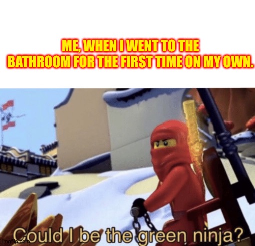 Could I Be The Green Ninja? |  ME, WHEN I WENT TO THE BATHROOM FOR THE FIRST TIME ON MY OWN. | image tagged in could i be the green ninja,ninjago | made w/ Imgflip meme maker