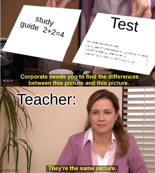 They're The Same Picture | study guide  2+2=4; Test; Teacher: | image tagged in memes,they're the same picture | made w/ Imgflip meme maker