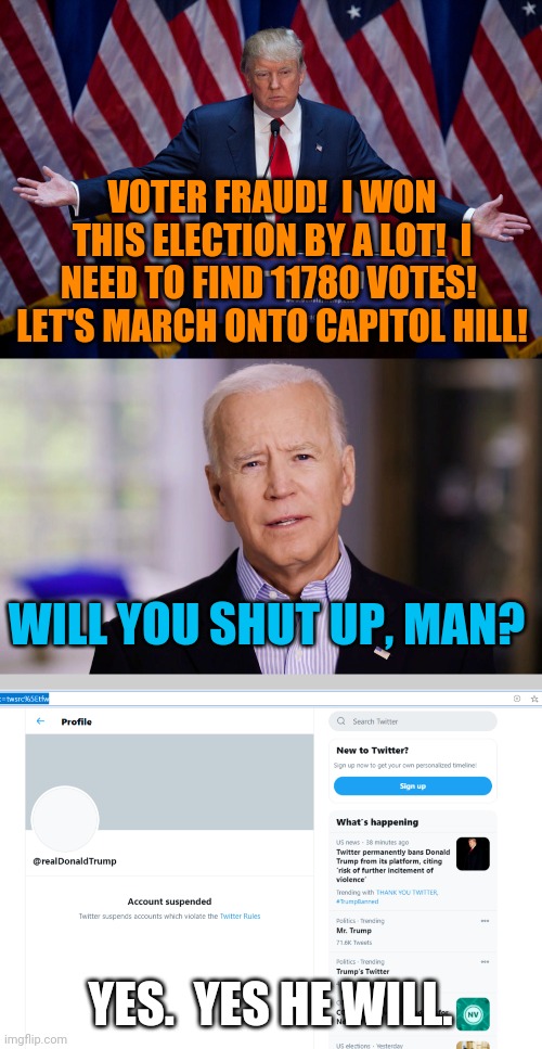 There's probably a bunch of these by now but I still had to chip one in. | VOTER FRAUD!  I WON THIS ELECTION BY A LOT!  I NEED TO FIND 11780 VOTES!  LET'S MARCH ONTO CAPITOL HILL! WILL YOU SHUT UP, MAN? YES.  YES HE WILL. | image tagged in donald trump,joe biden 2020,banned from twitter | made w/ Imgflip meme maker