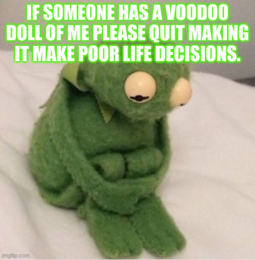 My life is a mess | IF SOMEONE HAS A VOODOO DOLL OF ME PLEASE QUIT MAKING IT MAKE POOR LIFE DECISIONS. | image tagged in sad kermit | made w/ Imgflip meme maker