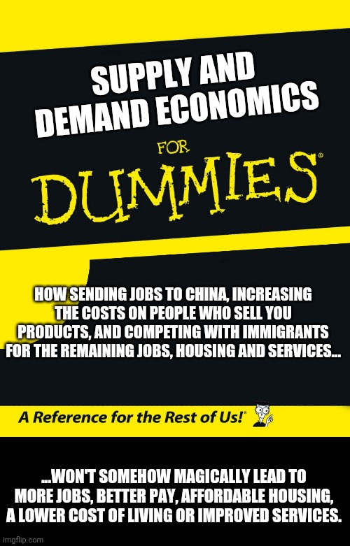 For Dummies | SUPPLY AND DEMAND ECONOMICS; HOW SENDING JOBS TO CHINA, INCREASING THE COSTS ON PEOPLE WHO SELL YOU PRODUCTS, AND COMPETING WITH IMMIGRANTS FOR THE REMAINING JOBS, HOUSING AND SERVICES... ...WON'T SOMEHOW MAGICALLY LEAD TO MORE JOBS, BETTER PAY, AFFORDABLE HOUSING, A LOWER COST OF LIVING OR IMPROVED SERVICES. | image tagged in for dummies | made w/ Imgflip meme maker