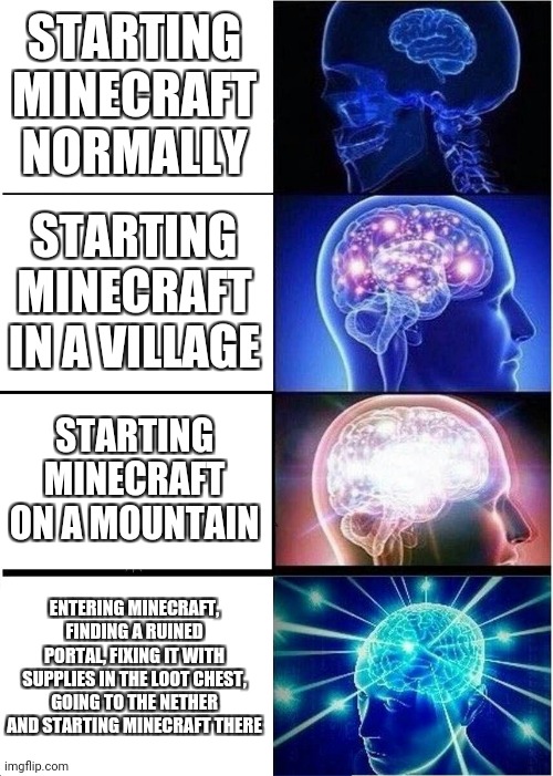 By starting I mean starting survival | STARTING MINECRAFT NORMALLY; STARTING MINECRAFT IN A VILLAGE; STARTING MINECRAFT ON A MOUNTAIN; ENTERING MINECRAFT, FINDING A RUINED PORTAL, FIXING IT WITH SUPPLIES IN THE LOOT CHEST, GOING TO THE NETHER AND STARTING MINECRAFT THERE | image tagged in memes,expanding brain | made w/ Imgflip meme maker