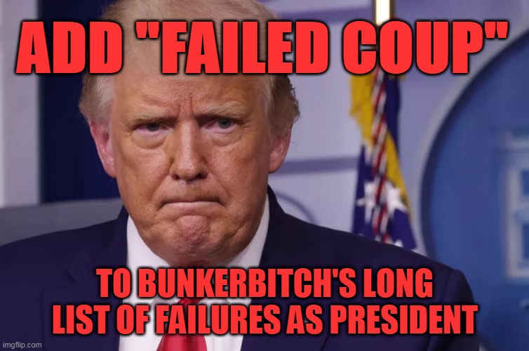 bunkebitch can't coup | ADD "FAILED COUP"; TO BUNKERBITCH'S LONG LIST OF FAILURES AS PRESIDENT | image tagged in trumptard | made w/ Imgflip meme maker