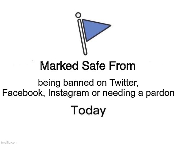 Marked Safe From Meme | being banned on Twitter, Facebook, Instagram or needing a pardon | image tagged in memes,marked safe from | made w/ Imgflip meme maker