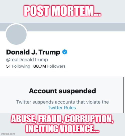 Trump learns for 1st time in his life, there's consequences for one's actions | POST MORTEM... ABUSE, FRAUD, CORRUPTION, INCITING VIOLENCE... | image tagged in trump,election 2020,gop scammer,loser,corruption,fraud | made w/ Imgflip meme maker