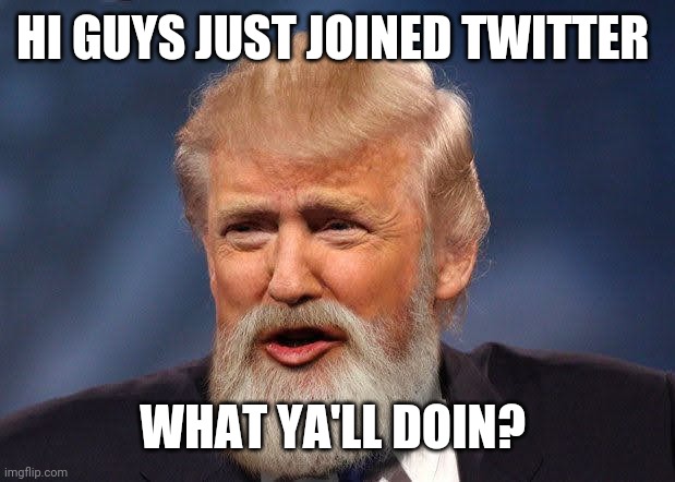 Trump twitter account | HI GUYS JUST JOINED TWITTER; WHAT YA'LL DOIN? | image tagged in twitter,trump,politics,lol so funny,meme | made w/ Imgflip meme maker
