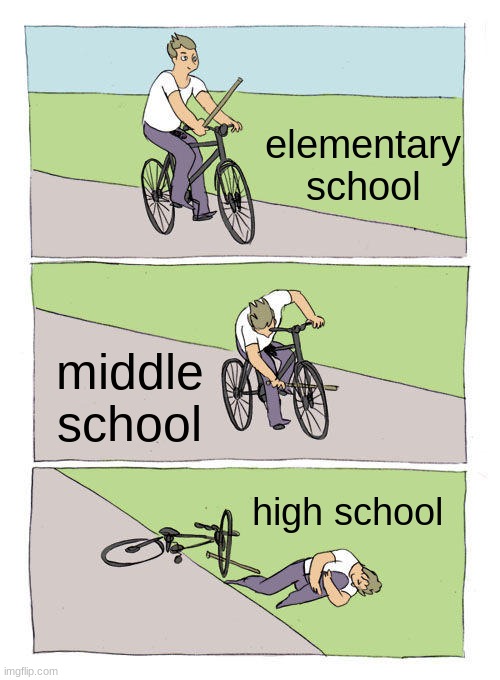 Bike Fall | elementary school; middle school; high school | image tagged in memes,bike fall,funny | made w/ Imgflip meme maker