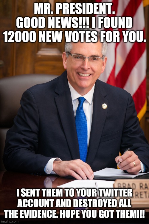 Votes | MR. PRESIDENT. GOOD NEWS!!! I FOUND 12000 NEW VOTES FOR YOU. I SENT THEM TO YOUR TWITTER ACCOUNT AND DESTROYED ALL THE EVIDENCE. HOPE YOU GOT THEM!!! | image tagged in donald trump | made w/ Imgflip meme maker