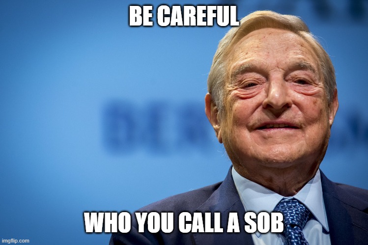 Gleeful George Soros | BE CAREFUL WHO YOU CALL A SOB | image tagged in gleeful george soros | made w/ Imgflip meme maker