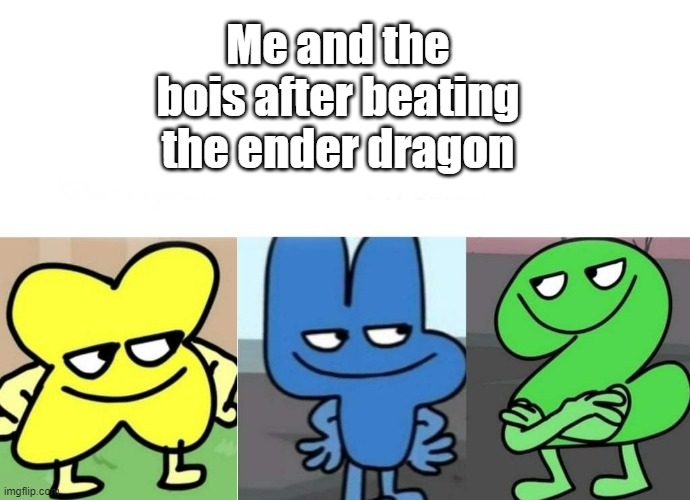 BFB Smug | Me and the bois after beating the ender dragon | image tagged in bfb smug | made w/ Imgflip meme maker