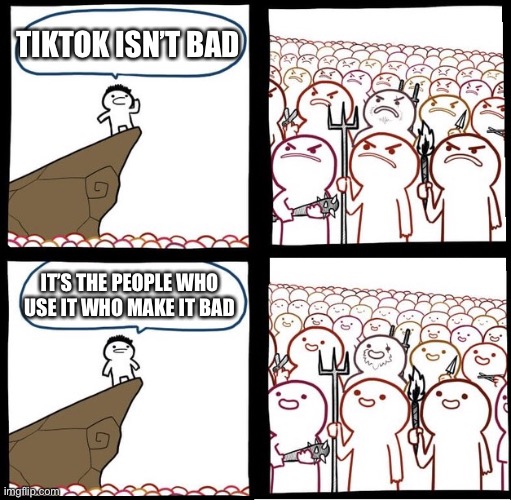 Angry Crowd | TIKTOK ISN’T BAD; IT’S THE PEOPLE WHO USE IT WHO MAKE IT BAD | image tagged in angry crowd | made w/ Imgflip meme maker
