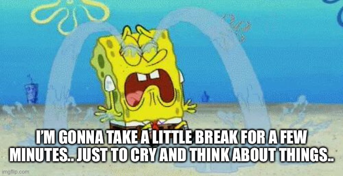 sad crying spongebob | I’M GONNA TAKE A LITTLE BREAK FOR A FEW MINUTES.. JUST TO CRY AND THINK ABOUT THINGS.. | image tagged in sad crying spongebob | made w/ Imgflip meme maker