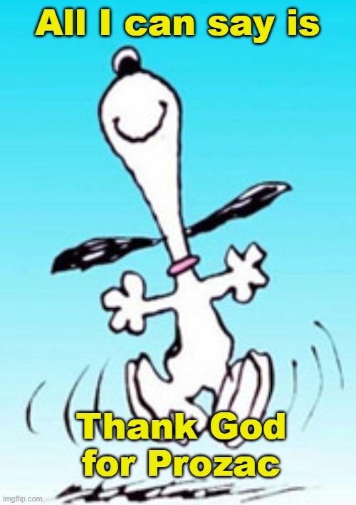 Snoopy dance | All I can say is Thank God for Prozac | image tagged in snoopy dance | made w/ Imgflip meme maker
