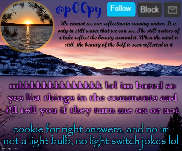 poopy | mkkkkkkkkkkkkkk lol im bored so yes list things in the comments and i'll tell you if they turn me on or not; cookie for right answers, and no im not a light bulb, no light switch jokes lol | image tagged in poopy | made w/ Imgflip meme maker