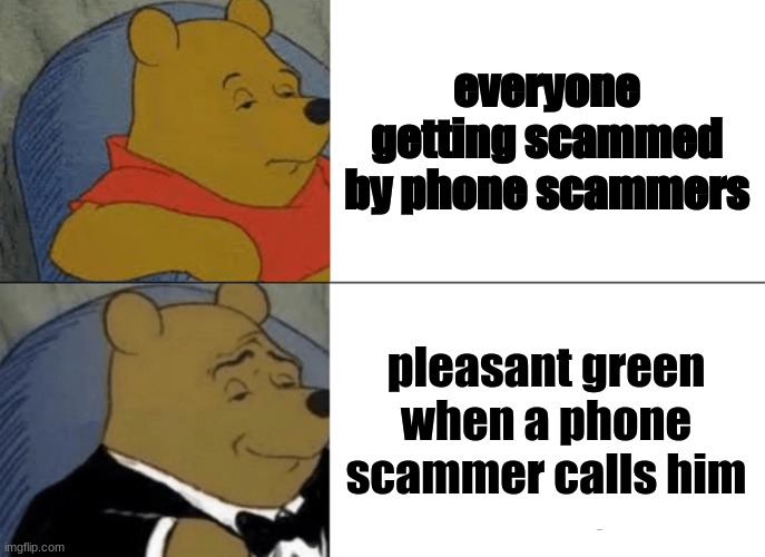 irl | everyone getting scammed by phone scammers; pleasant green when a phone scammer calls him | image tagged in memes,tuxedo winnie the pooh | made w/ Imgflip meme maker