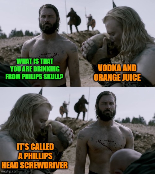 A toast | WHAT IS THAT YOU ARE DRINKING FROM PHILIPS SKULL? VODKA AND ORANGE JUICE; IT'S CALLED A PHILLIPS HEAD SCREWDRIVER | image tagged in vodka,orang juce | made w/ Imgflip meme maker