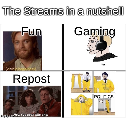 Blank Comic Panel 2x2 Meme | The Streams in a nutshell; Fun; Gaming; Repost; POLITICS | image tagged in memes,blank comic panel 2x2 | made w/ Imgflip meme maker