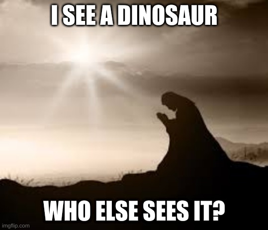 There are 2 in the photo, a dinosaur- and another famous Christian | I SEE A DINOSAUR; WHO ELSE SEES IT? | image tagged in funny memes,god,dinosaur | made w/ Imgflip meme maker