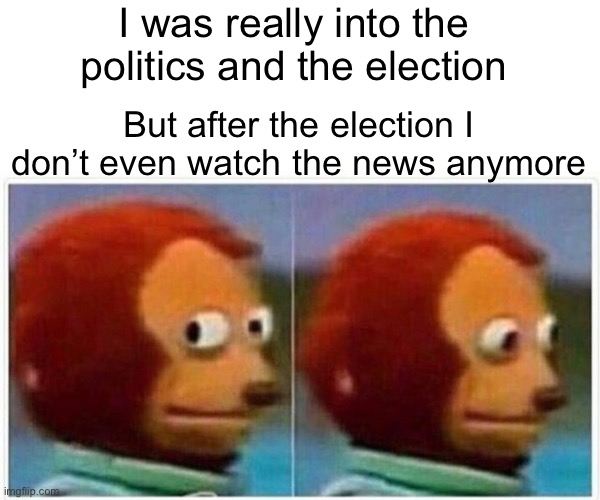 Monkey Puppet | I was really into the politics and the election; But after the election I don’t even watch the news anymore | image tagged in memes,monkey puppet | made w/ Imgflip meme maker