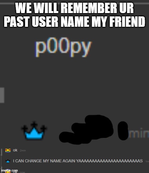 new username | WE WILL REMEMBER UR PAST USER NAME MY FRIEND | image tagged in bai bai p00py hellonother username | made w/ Imgflip meme maker