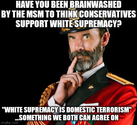 captain obvious | HAVE YOU BEEN BRAINWASHED BY THE MSM TO THINK CONSERVATIVES
 SUPPORT WHITE SUPREMACY? "WHITE SUPREMACY IS DOMESTIC TERRORISM"
...SOMETHING W | image tagged in captain obvious | made w/ Imgflip meme maker