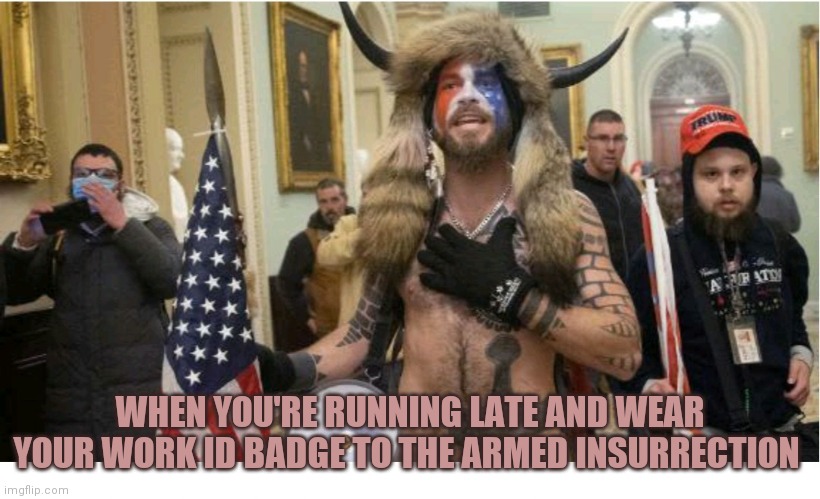 TRUMP RIOTER WEARS WORK ID BADGE | WHEN YOU'RE RUNNING LATE AND WEAR YOUR WORK ID BADGE TO THE ARMED INSURRECTION | image tagged in trump,riot | made w/ Imgflip meme maker