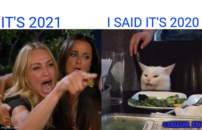 2021 | IT'S 2021; I SAID IT'S 2020; @CREASHA_CRE | image tagged in memes,woman yelling at cat,2020,2021 | made w/ Imgflip meme maker