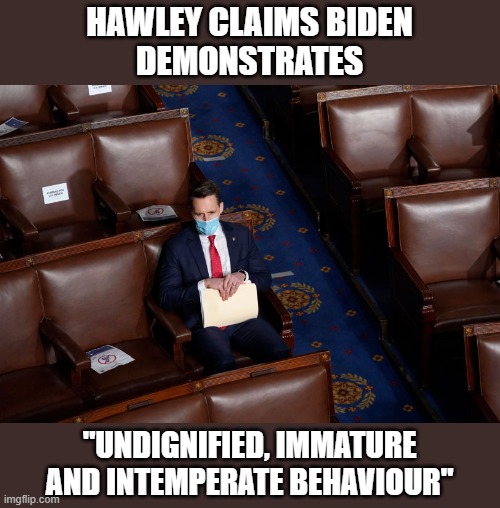 Hawley's stunt in Congress has had major blowback.  Now he's fighting back... stupidly still defending Trump's lie |  HAWLEY CLAIMS BIDEN
DEMONSTRATES; "UNDIGNIFIED, IMMATURE AND INTEMPERATE BEHAVIOUR" | image tagged in trump,election 2020,josh hawley,fool,propagandist,gop scammer | made w/ Imgflip meme maker