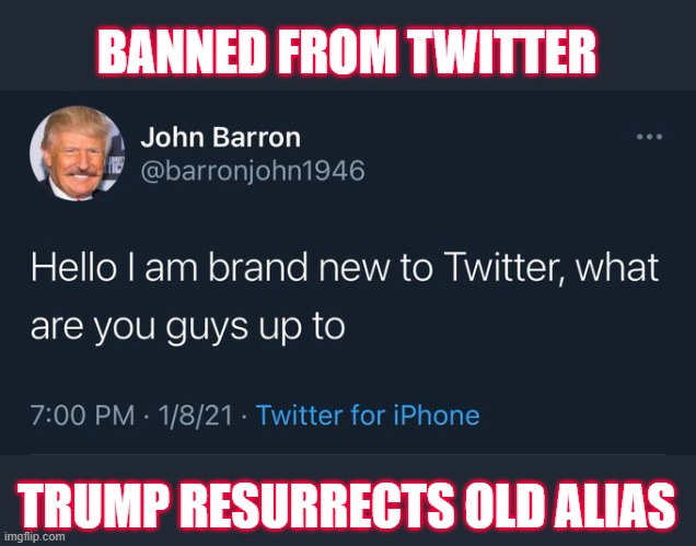 Trump circumvents Twitter ban by reverting back to alias used decades ago. | BANNED FROM TWITTER; TRUMP RESURRECTS OLD ALIAS | image tagged in trump,gop scammer,fraudster,conman,corrupt,loser | made w/ Imgflip meme maker