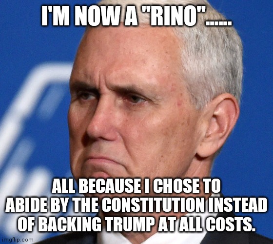 Mike Pence | I'M NOW A "RINO"...... ALL BECAUSE I CHOSE TO ABIDE BY THE CONSTITUTION INSTEAD OF BACKING TRUMP AT ALL COSTS. | image tagged in mike pence | made w/ Imgflip meme maker
