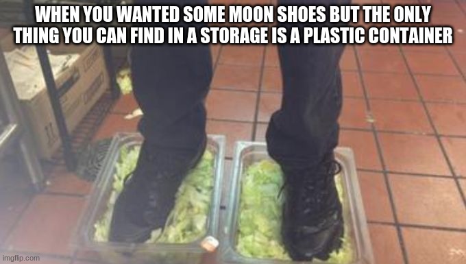 Upvote if this meme makes sense | WHEN YOU WANTED SOME MOON SHOES BUT THE ONLY THING YOU CAN FIND IN A STORAGE IS A PLASTIC CONTAINER | image tagged in burger king foot lettuce,funny,memes,moon,shoes,lol | made w/ Imgflip meme maker