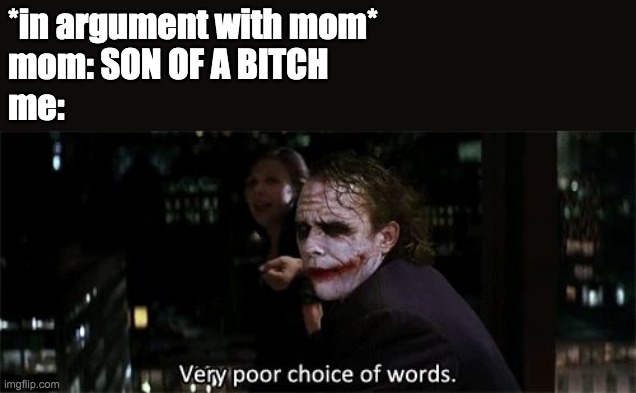 hah | *in argument with mom*
mom: SON OF A BITCH
me: | image tagged in very poor choice of words,memes | made w/ Imgflip meme maker