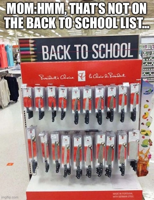 I’m pretty sure that’s not on the list... | MOM:HMM, THAT’S NOT ON THE BACK TO SCHOOL LIST... | image tagged in back to school,funny,boring,fun | made w/ Imgflip meme maker