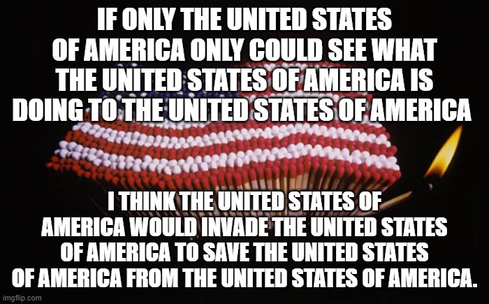 USA |  IF ONLY THE UNITED STATES OF AMERICA ONLY COULD SEE WHAT THE UNITED STATES OF AMERICA IS DOING TO THE UNITED STATES OF AMERICA; I THINK THE UNITED STATES OF AMERICA WOULD INVADE THE UNITED STATES OF AMERICA TO SAVE THE UNITED STATES OF AMERICA FROM THE UNITED STATES OF AMERICA. | image tagged in usa | made w/ Imgflip meme maker