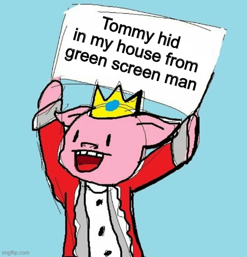 Who else saw the vid where tom hid in technos house from dream? | Tommy hid
in my house from green screen man | image tagged in technoblade holding sign,dream,tommyinit,technoblade,minecraft,memes | made w/ Imgflip meme maker