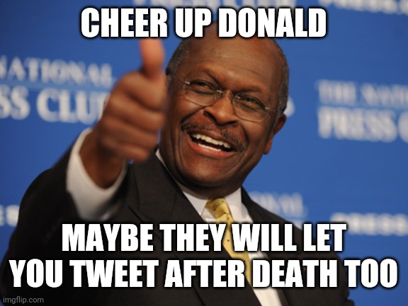 Herman Cain thumbs up | CHEER UP DONALD; MAYBE THEY WILL LET YOU TWEET AFTER DEATH TOO | image tagged in herman cain thumbs up | made w/ Imgflip meme maker