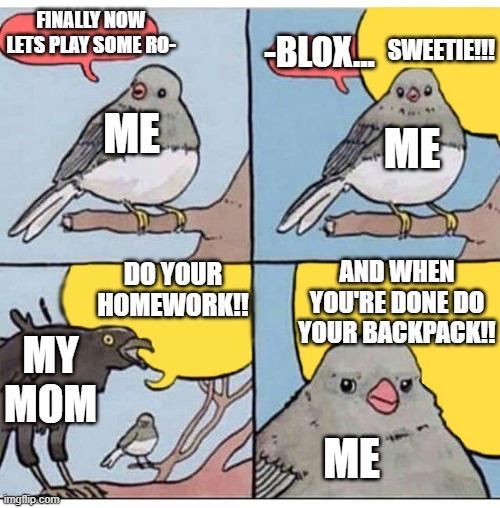 Homework and Roblox | -BLOX... SWEETIE!!! FINALLY NOW LETS PLAY SOME RO-; ME; ME; AND WHEN YOU'RE DONE DO YOUR BACKPACK!! DO YOUR HOMEWORK!! MY MOM; ME | image tagged in annoyed bird | made w/ Imgflip meme maker