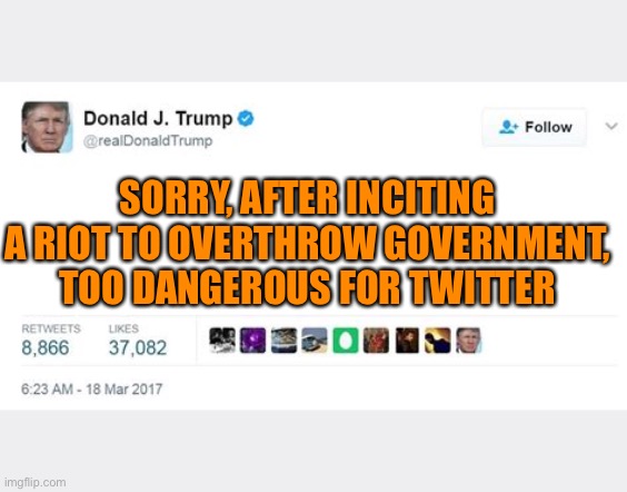 Trump twitter post | SORRY, AFTER INCITING A RIOT TO OVERTHROW GOVERNMENT, TOO DANGEROUS FOR TWITTER | image tagged in trump twitter post | made w/ Imgflip meme maker