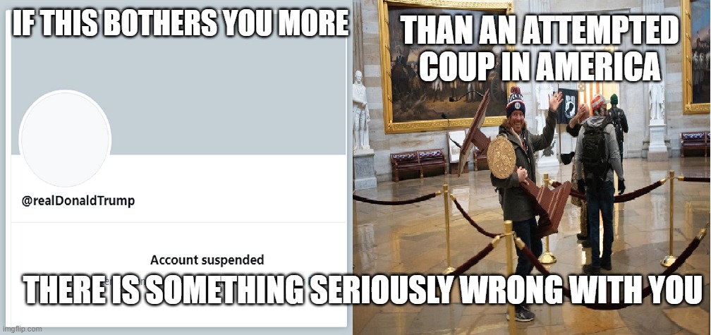 DJT Twitter Suspend vs Coup | THAN AN ATTEMPTED COUP IN AMERICA; IF THIS BOTHERS YOU MORE; THERE IS SOMETHING SERIOUSLY WRONG WITH YOU | image tagged in djt twitter suspend vs coup | made w/ Imgflip meme maker