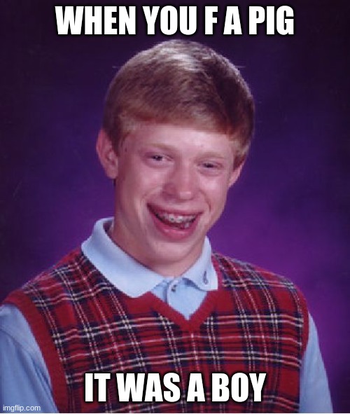 Bad Luck Brian Meme | WHEN YOU F A PIG; IT WAS A BOY | image tagged in memes,bad luck brian | made w/ Imgflip meme maker