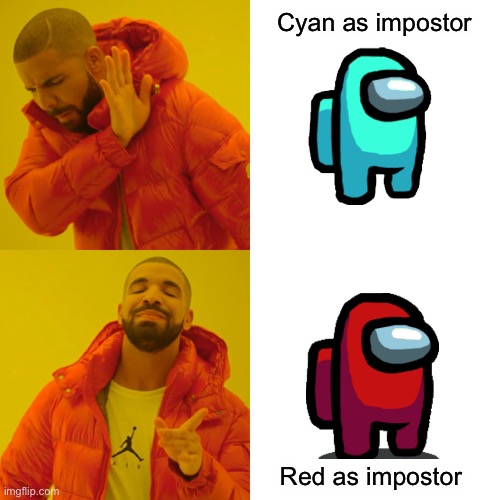 Among Us Memes #1 | Cyan as impostor; Red as impostor | image tagged in memes,drake hotline bling | made w/ Imgflip meme maker