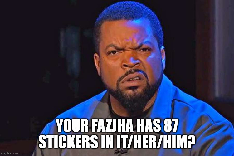 ice cube wtf face | YOUR FAZJHA HAS 87 STICKERS IN IT/HER/HIM? | image tagged in ice cube wtf face | made w/ Imgflip meme maker