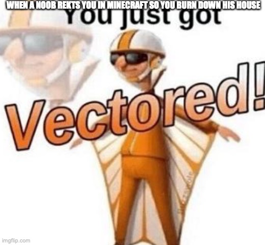 You just got vectored | WHEN A NOOB REKTS YOU IN MINECRAFT SO YOU BURN DOWN HIS HOUSE | image tagged in you just got vectored | made w/ Imgflip meme maker
