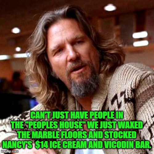 Confused Lebowski Meme | CAN'T JUST HAVE PEOPLE IN THE "PEOPLES HOUSE" WE JUST WAXED THE MARBLE FLOORS AND STOCKED NANCY'S  $14 ICE CREAM AND VICODIN BAR. | image tagged in memes,confused lebowski | made w/ Imgflip meme maker