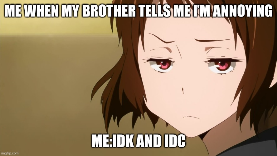I questing him sometimes | ME WHEN MY BROTHER TELLS ME I’M ANNOYING; ME:IDK AND IDC | image tagged in anime not impressed,idk,idc | made w/ Imgflip meme maker