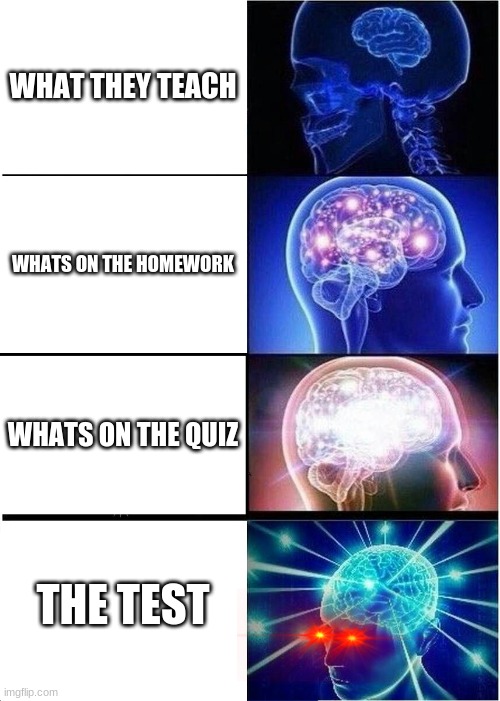 Expanding Brain Meme | WHAT THEY TEACH; WHATS ON THE HOMEWORK; WHATS ON THE QUIZ; THE TEST | image tagged in memes,expanding brain | made w/ Imgflip meme maker
