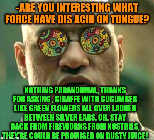-As typical mechanics. | -ARE YOU INTERESTING WHAT FORCE HAVE DIS ACID ON TONGUE? NOTHING PARANORMAL, THANKS FOR ASKING , GIRAFFE WITH CUCUMBER LIKE GREEN FLOWERS ALL OVER LADDER BETWEEN SILVER EARS, OH, STAY BACK FROM FIREWORKS FROM NOSTRILS, THEY'RE COULD BE PROMISED ON DUSTY JUICE! | image tagged in acid kicks in morpheus,lsd,aqua teen hunger force,giraffe,silver,ears | made w/ Imgflip meme maker