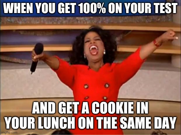 Lets go | WHEN YOU GET 100% ON YOUR TEST; AND GET A COOKIE IN YOUR LUNCH ON THE SAME DAY | image tagged in memes,oprah you get a | made w/ Imgflip meme maker